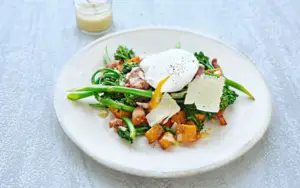 Poached Egg Salad with Bacon, Tender Stem Broccoli and Butternut Squash