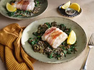 Hake with Bacon, Spinach and Lentils